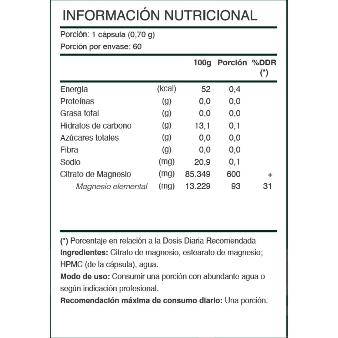 Ingredientes Magnesio citrato Be Native - sin rellenos ni aditivos.