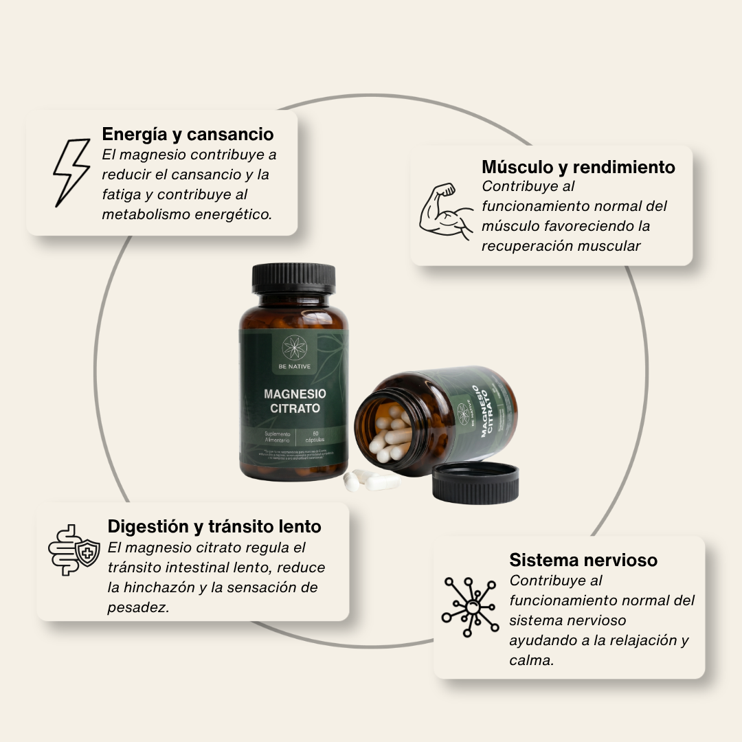 Ingredientes Magnesio citrato Be Native - sin rellenos ni aditivos.